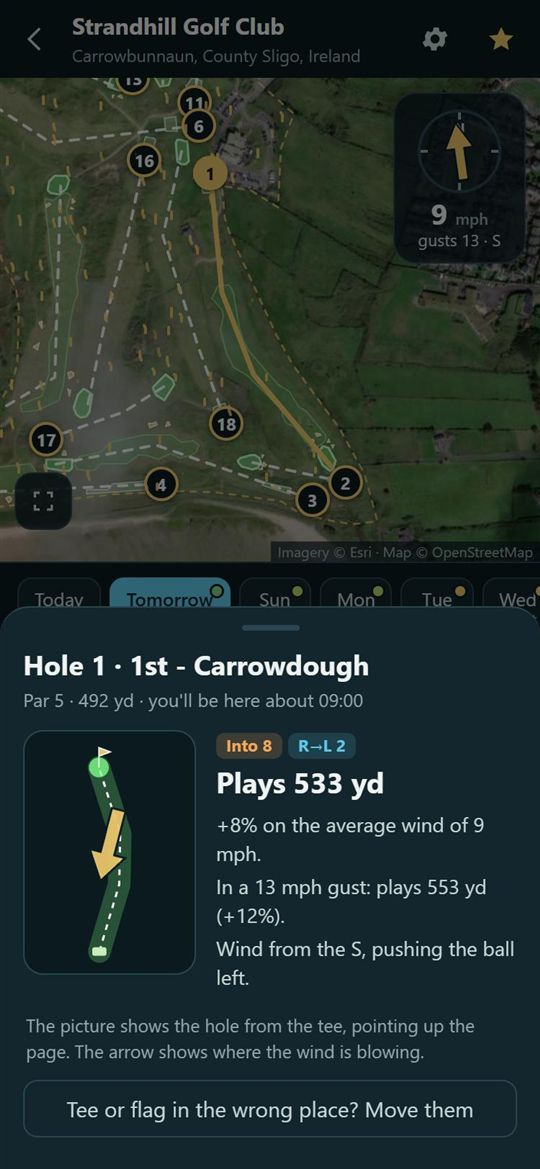 One hole, how it plays in today's wind, in WindTee Golf