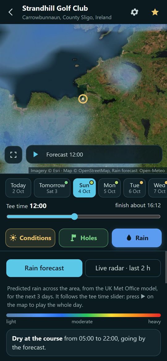 Rain forecast across a course in WindTee Golf