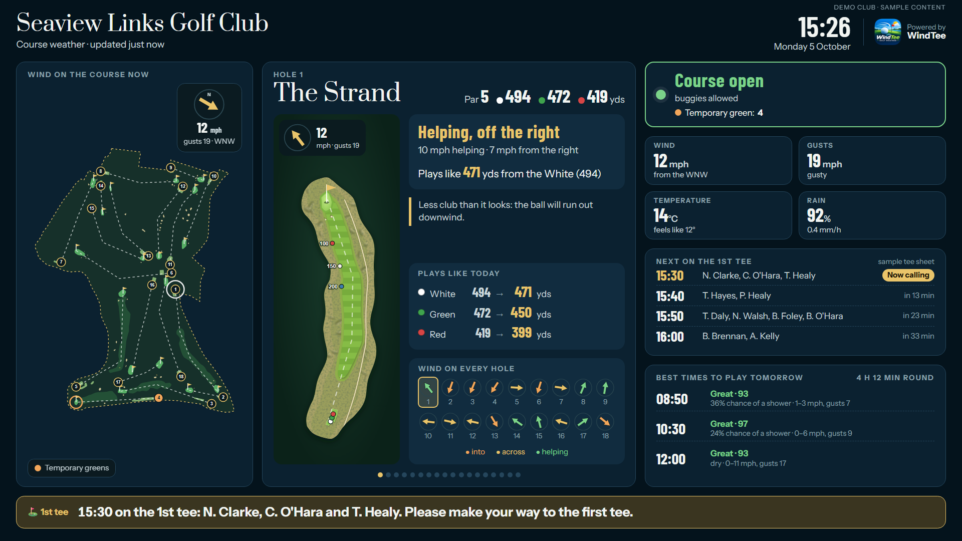 The WindTee clubhouse screen: live wind on the course plan, a hole spotlight, course status, next on the 1st tee and the members' QR code